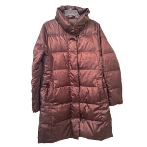 Lands End Puffer Coat Jacket Womens L Brown Down Fill Longline Winter Quilted